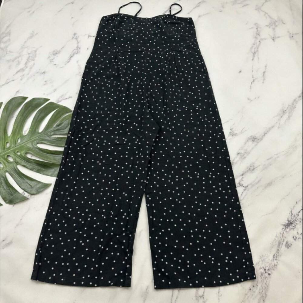 Roxy Wide Leg Jumpsuit Size L Black White Polka Dot Flax Linen Blend Pockets
